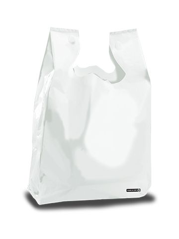 19” x 10” x 12” white plastic catering and takeout bags for food service  packaging. These wide-gusseted plastic bags have reinforced cardboard  bottom